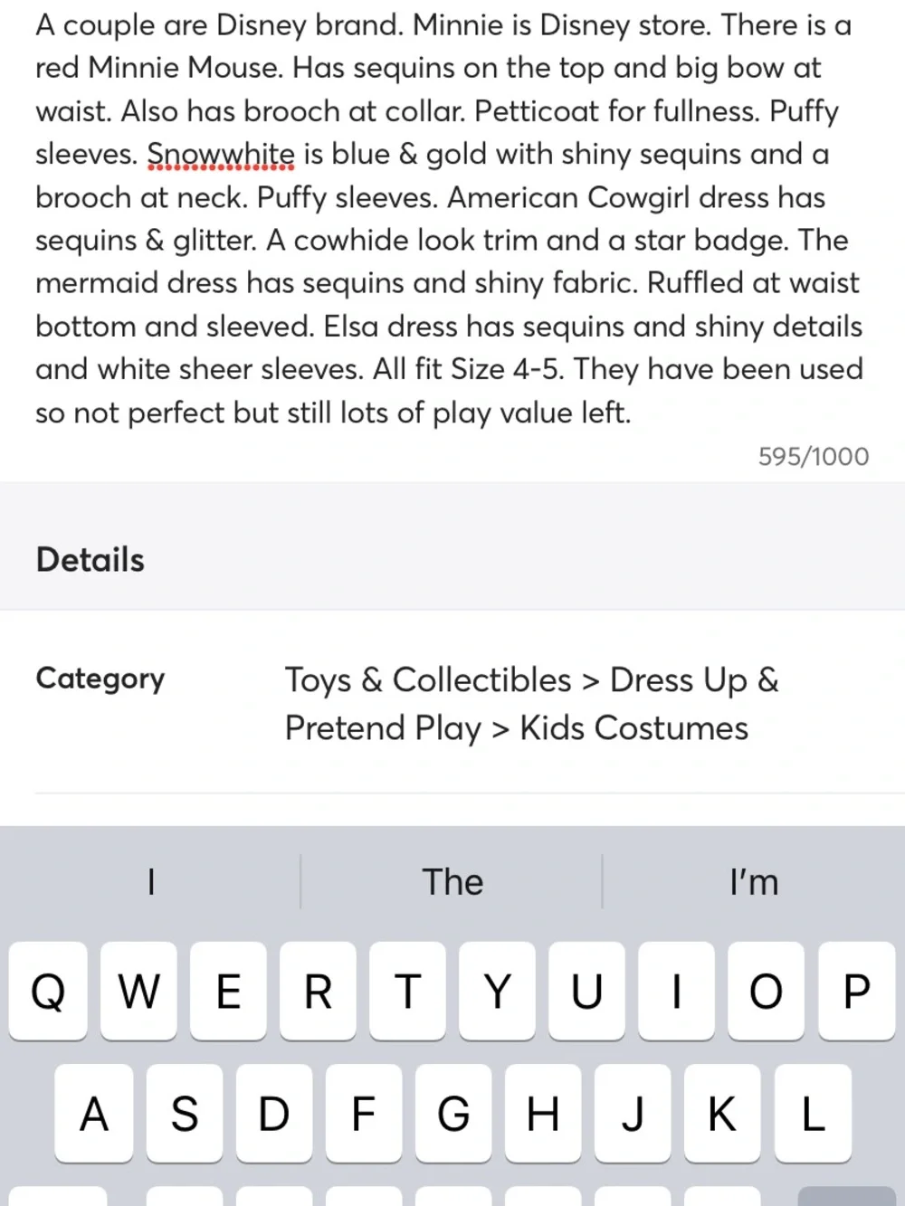 Disney Kids Costume Lot Minnie Mouse Snowwhite Elsa Mermaid